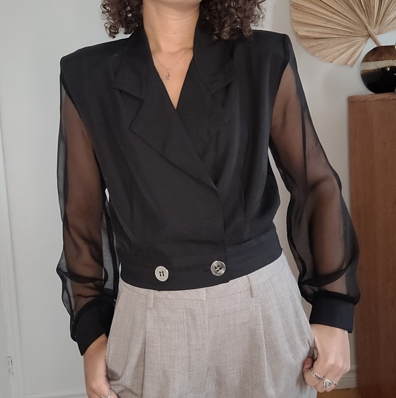 SANJAK VINTAGE BLACK MADE IN  CANADA SHOULDER PADDED BLOUSE SHEER SLEEVES - Picture 7 of 9